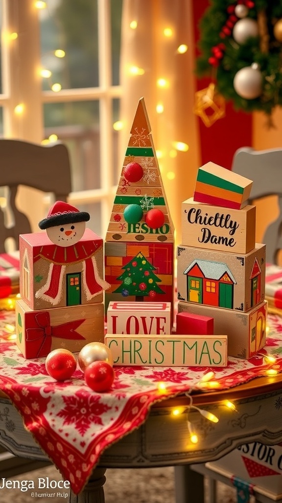 DIY Christmas decorations made from Jenga blocks, featuring a painted tree and ornaments on a festive table.